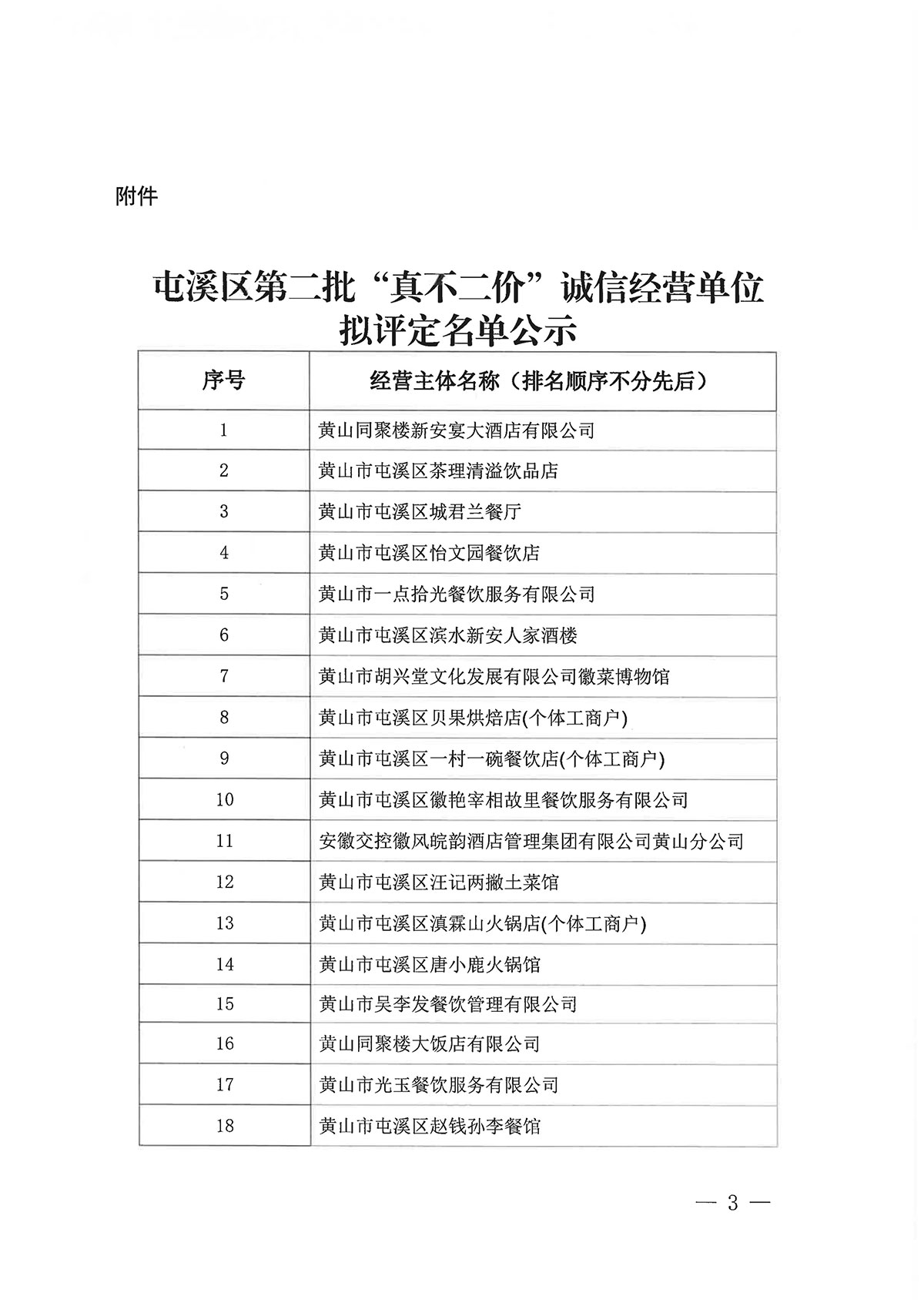 关于屯溪区第二批“真不二价”诚信经营单位拟评定名单的公示